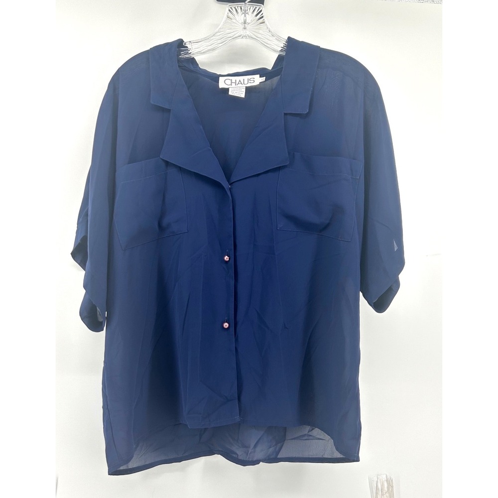 Chaus Womens Navy Blue Short Sleeve Button Down Blouse Camp Collar Size 12